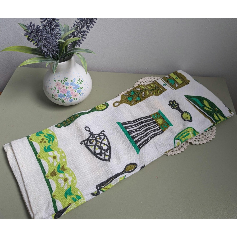 Vintage MCM Kitchen Towel Green Utensil Print 14x27 Retro Tea Towel